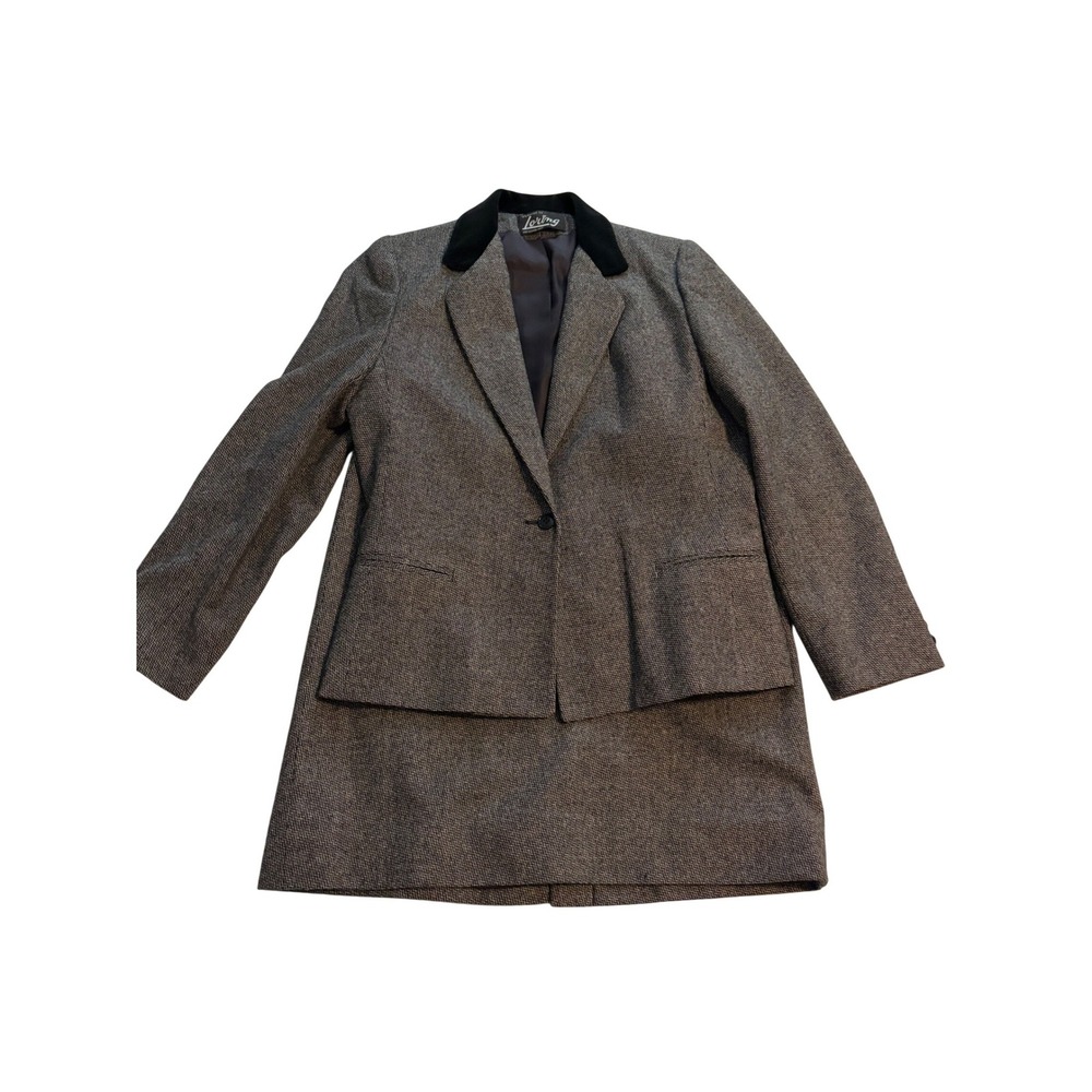 Vintage Professional Skirt Suit Dark Academia Grey Herringbone Velvet Collar
